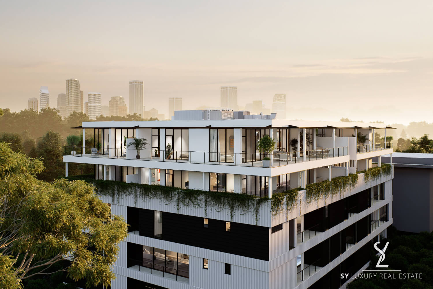 Picture of Flourmill apartments and penthouses at Hackney Development. Modern luxury apartment building at sunset, with lush balconies and greenery. City skyline in the background, conveying urban elegance and tranquility.